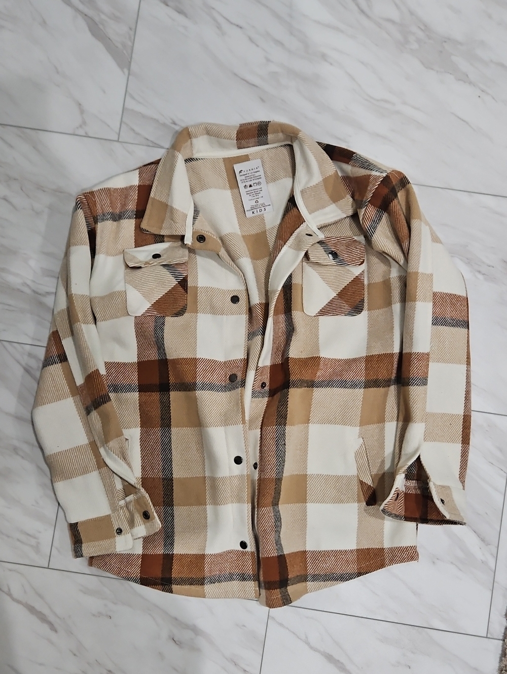 Girls Cream & Brown Plaid Shacket